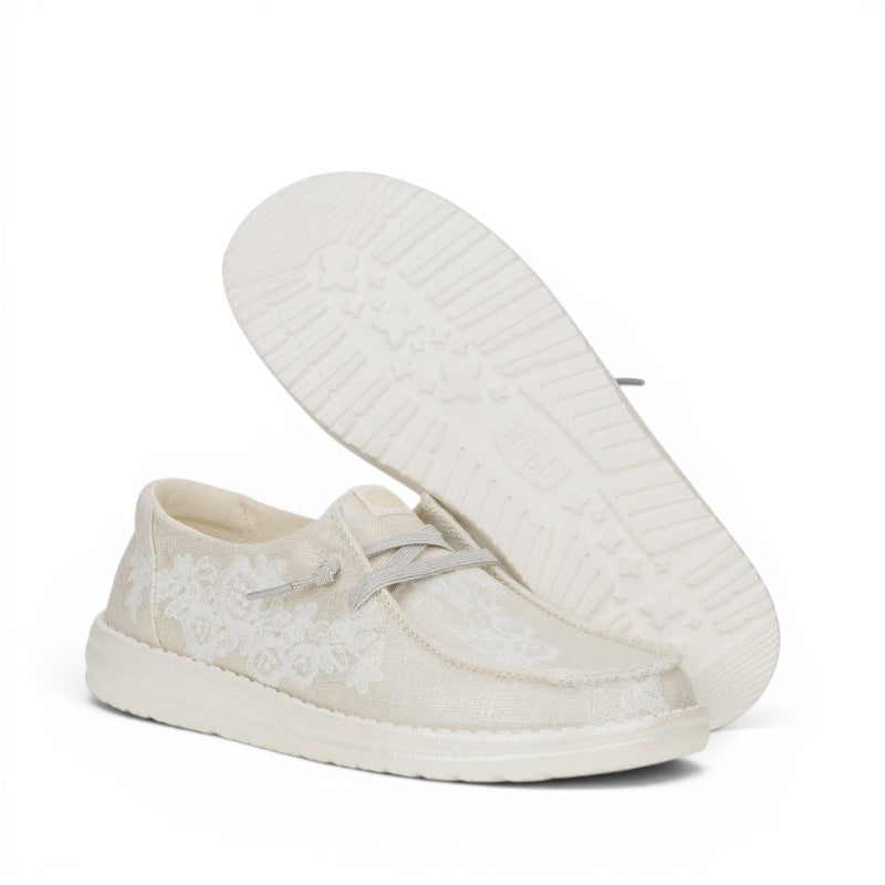 My Store Wendy floral lace shoes in off-white textile with elastic laces and removable insole.