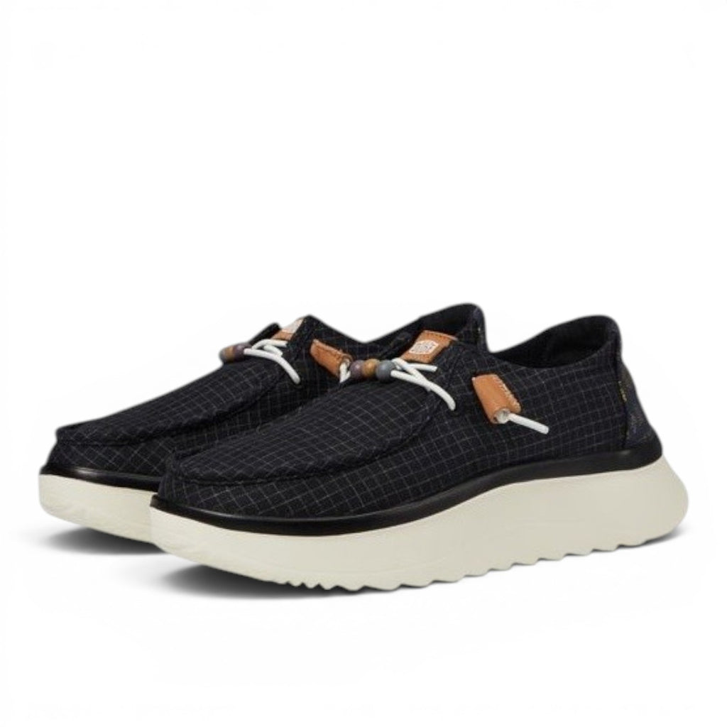 My Store Wendy Peak Baja Stripe black textile platform shoes with white laces and tan accents.