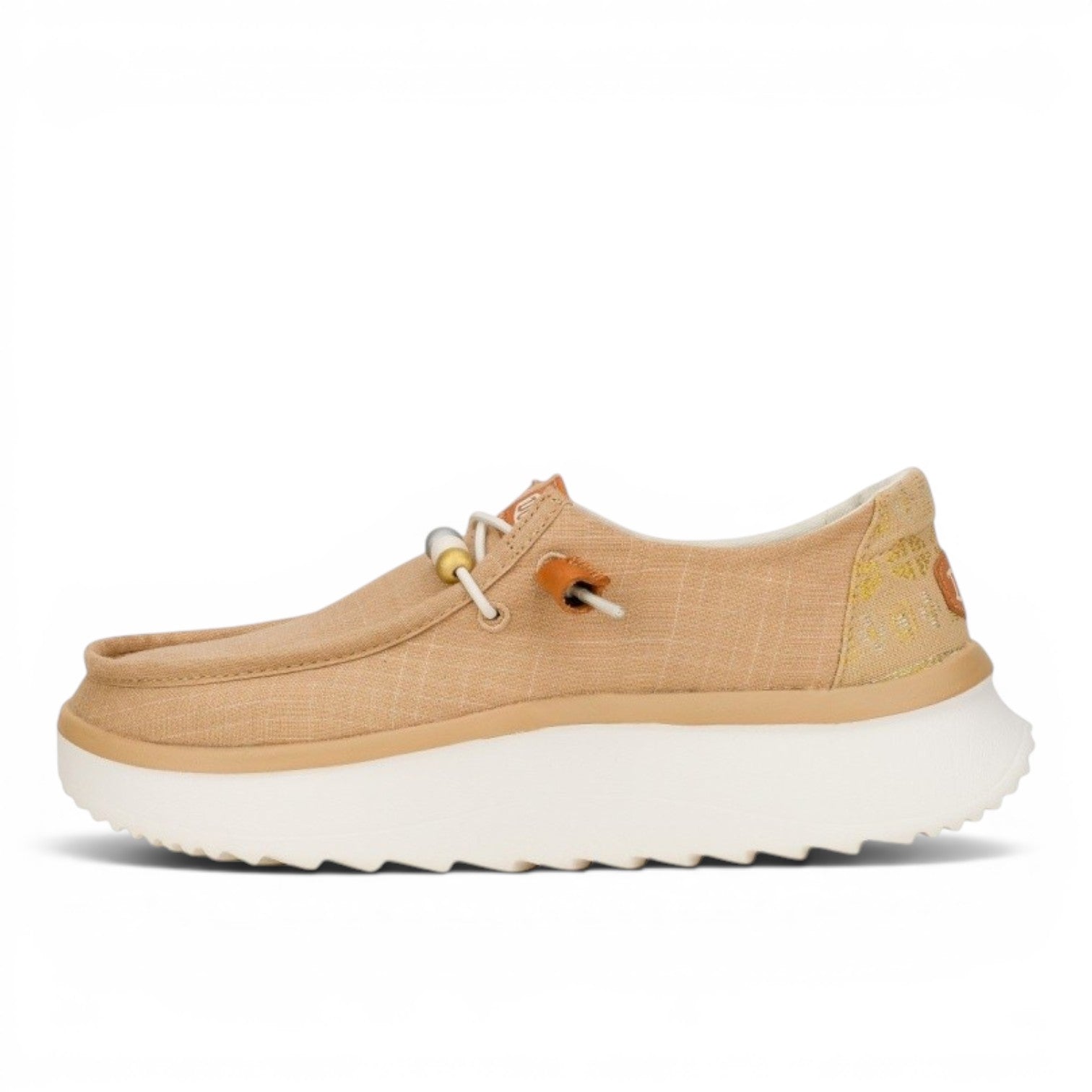 My Store Wendy Peak Baja Stripe tan textile slip-on shoes with platform sole and metallic thread detail.