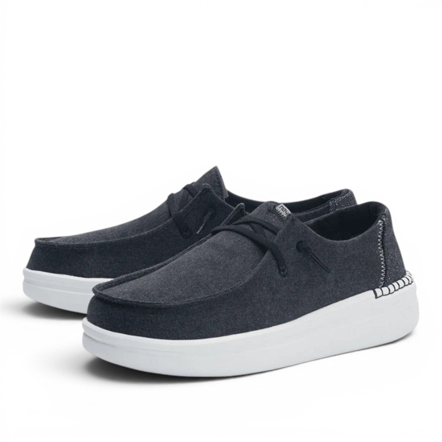 My Store Wendy Rise dark grey textile slip-on shoes with white platform sole and decorative stitching.