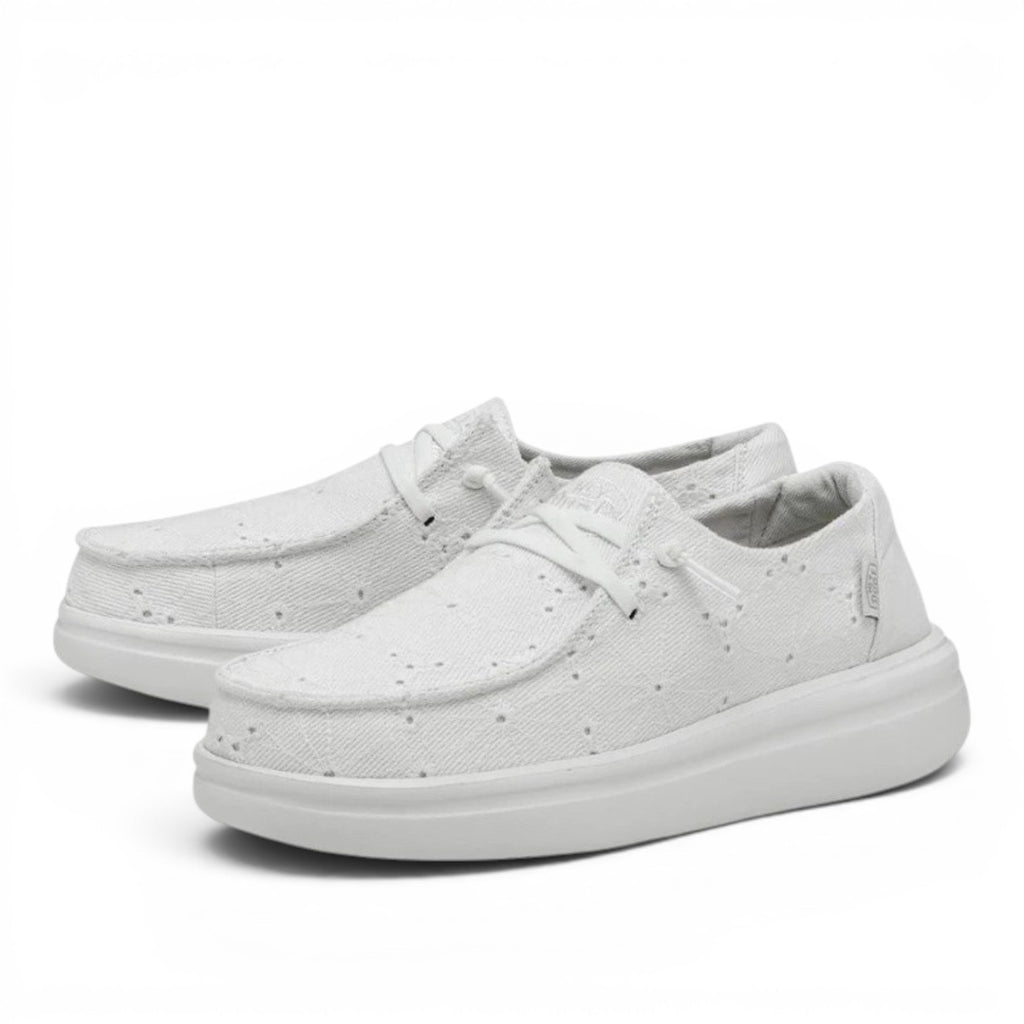 My Store Wendy Rise white textile platform moccasins with perforated detail and elastic laces.