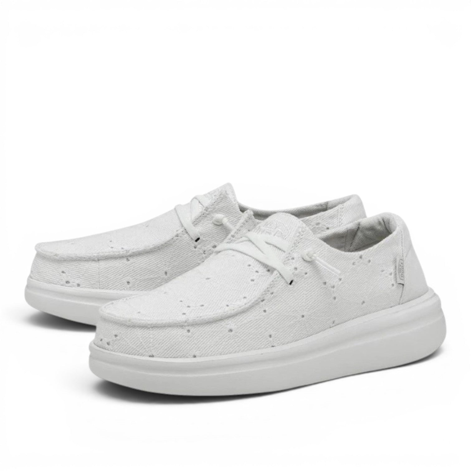 My Store Wendy Rise white textile platform moccasins with perforated detail and elastic laces.