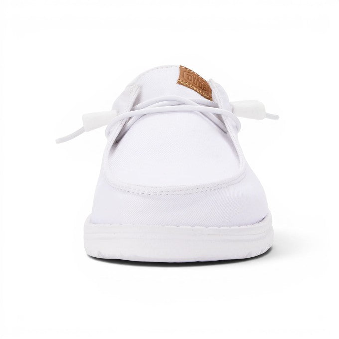 My Store Wendy Stretch Canvas white canvas slip-on shoes with elastic laces and a brown logo patch.