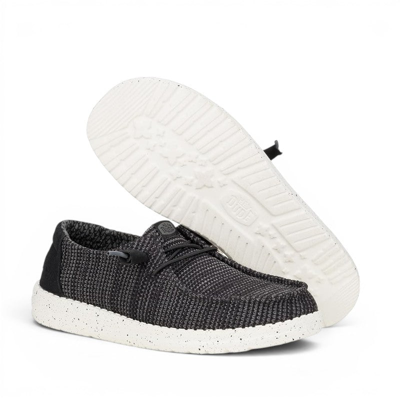 My Store Wendy Stretch Sox women's slip-on shoes in charcoal grey knit with white speckled sole and elastic laces.