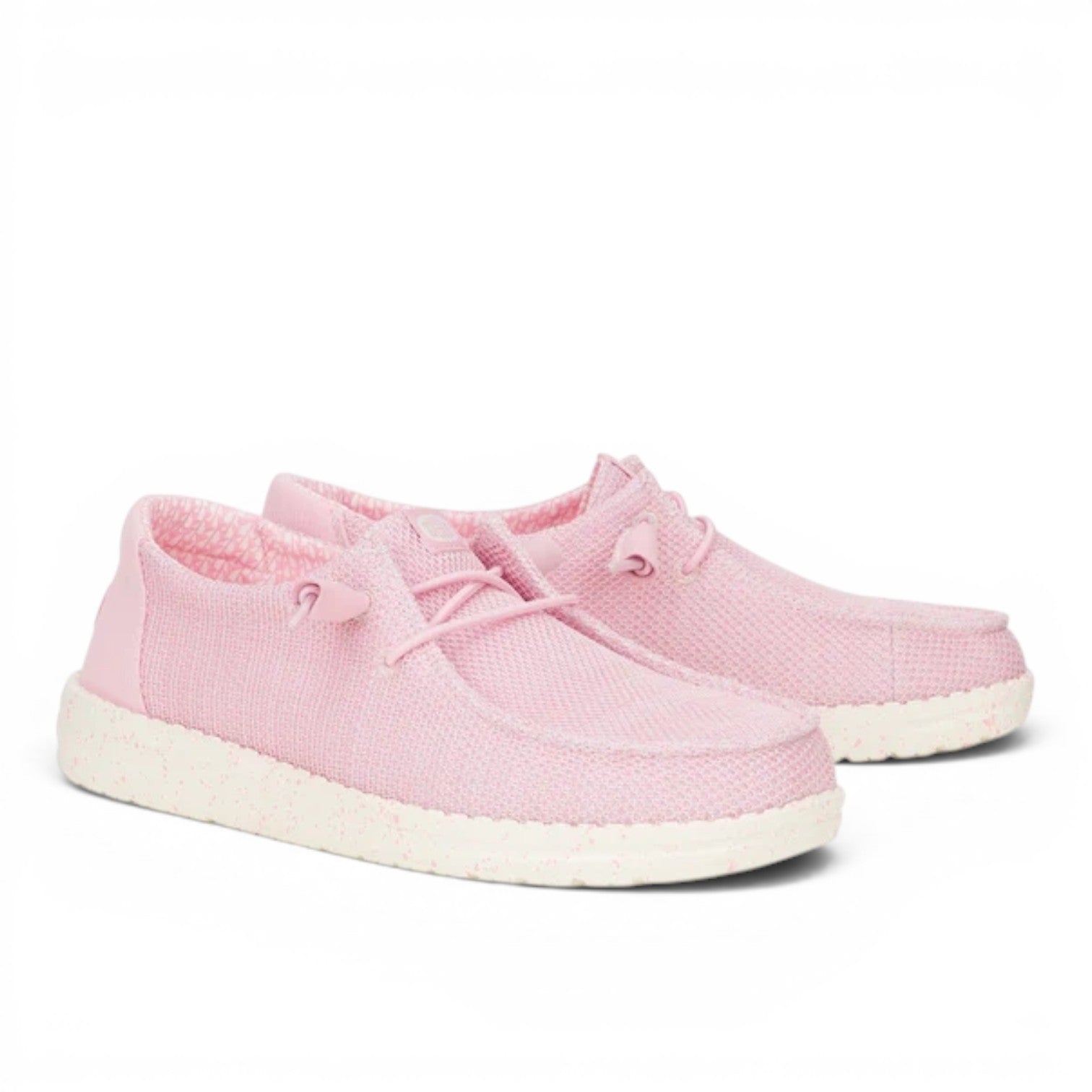 My Store Wendy Stretch Sox pink knit slip-on shoes with elastic laces and speckled white sole.
