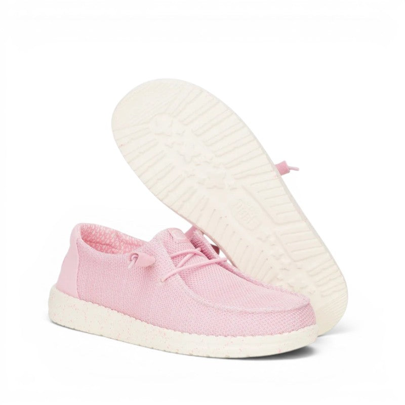My Store Wendy Stretch Sox pink knit slip-on shoes with elastic laces and speckled sole.