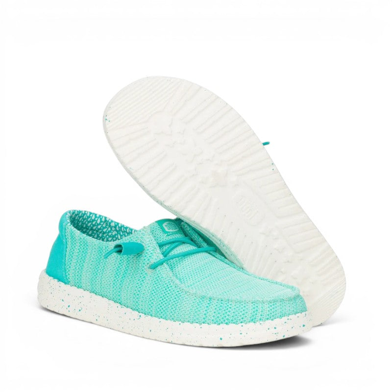 My Store Wendy Stretch Sox women's turquoise knit slip-on shoes with white speckled soles and elastic laces.