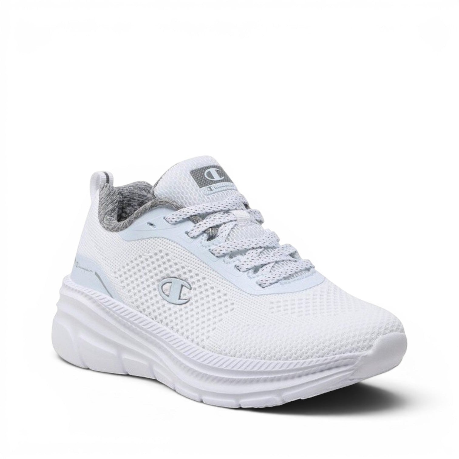My Store white textile Champion S11581 women's athletic shoes with a thick white sole and grey accents.