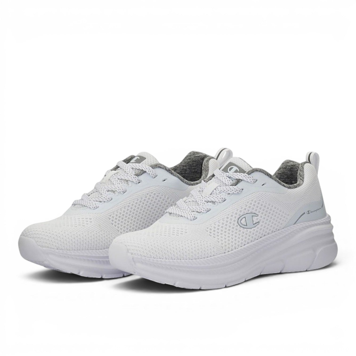 My Store white textile Champion S11581 sneakers with grey accents and a cushioned sole.