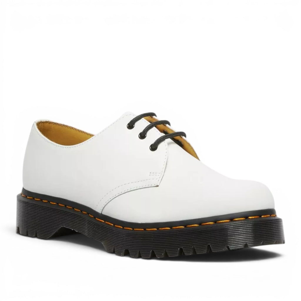 My Store white smooth leather Dr. Martens 1461 Bex Oxford shoes with black laces and platform sole.