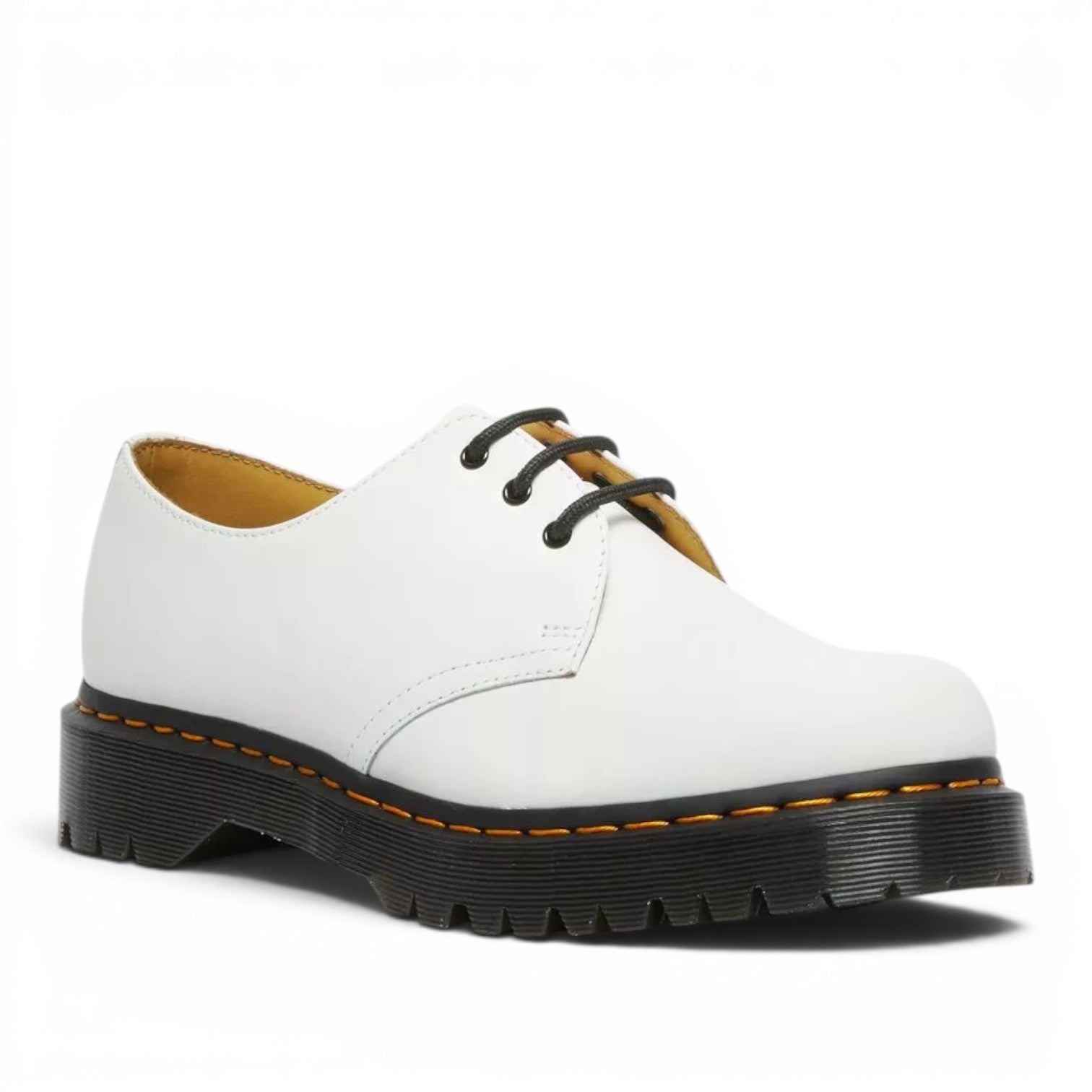 My Store white smooth leather Dr. Martens 1461 Bex Oxford shoes with black laces and platform sole.