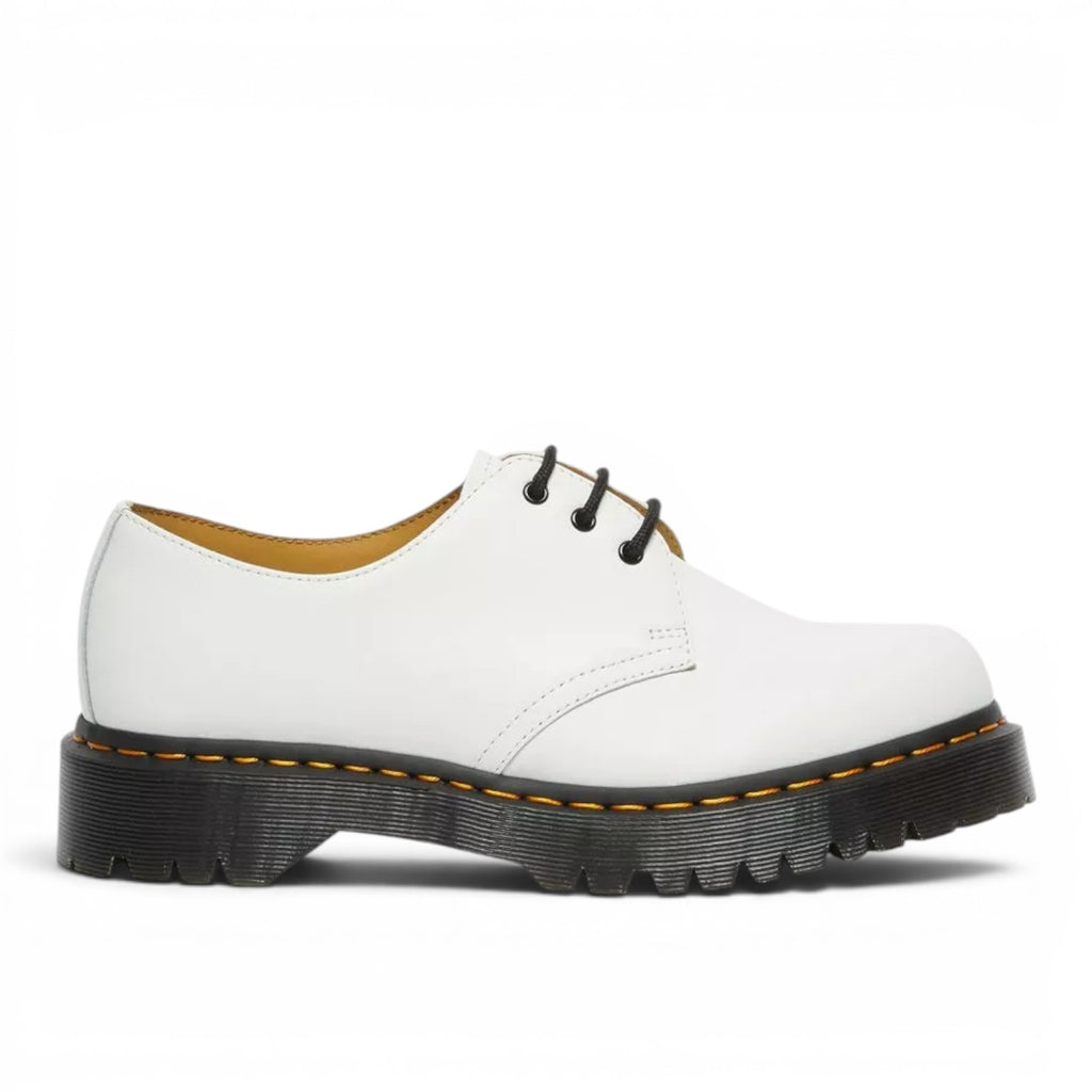 My Store white smooth leather Dr. Martens 1461 Bex Oxford shoes with black laces and a thick black PVC sole.