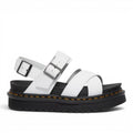 My Store white leather Dr. Martens Voss II Hydro sandals with buckle closure and platform sole.