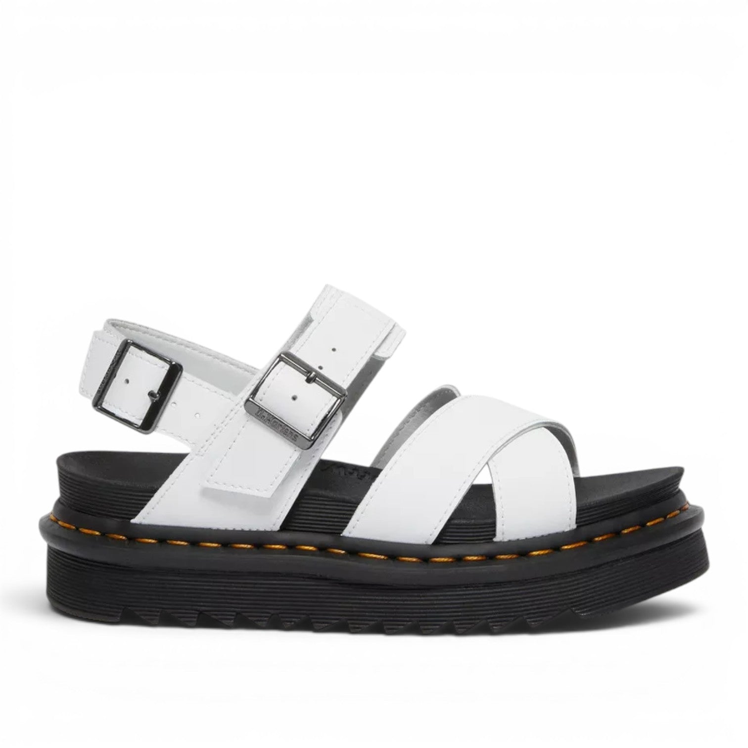 My Store white leather Dr. Martens Voss II Hydro sandals with buckle closure and platform sole.