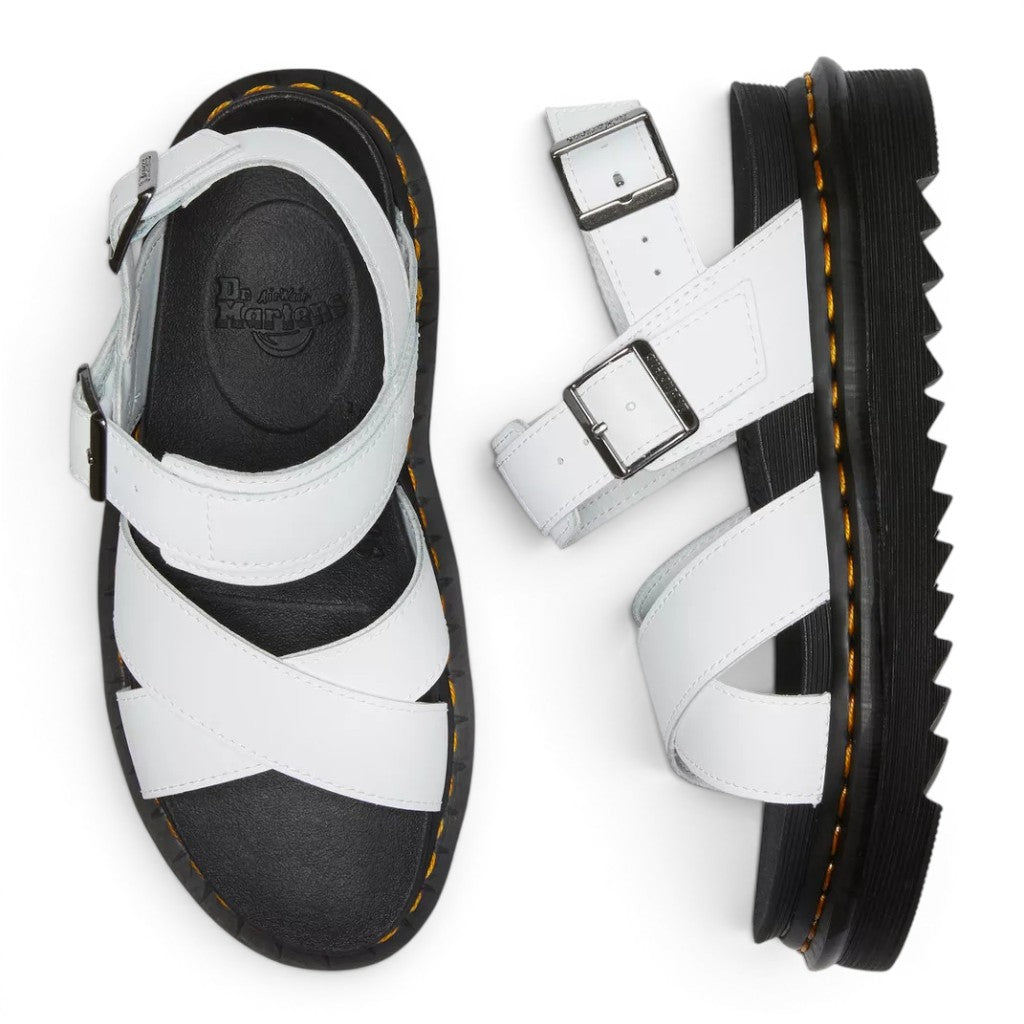 My Store white leather Dr. Martens Voss II Hydro platform sandals with criss-cross straps and buckle closures.