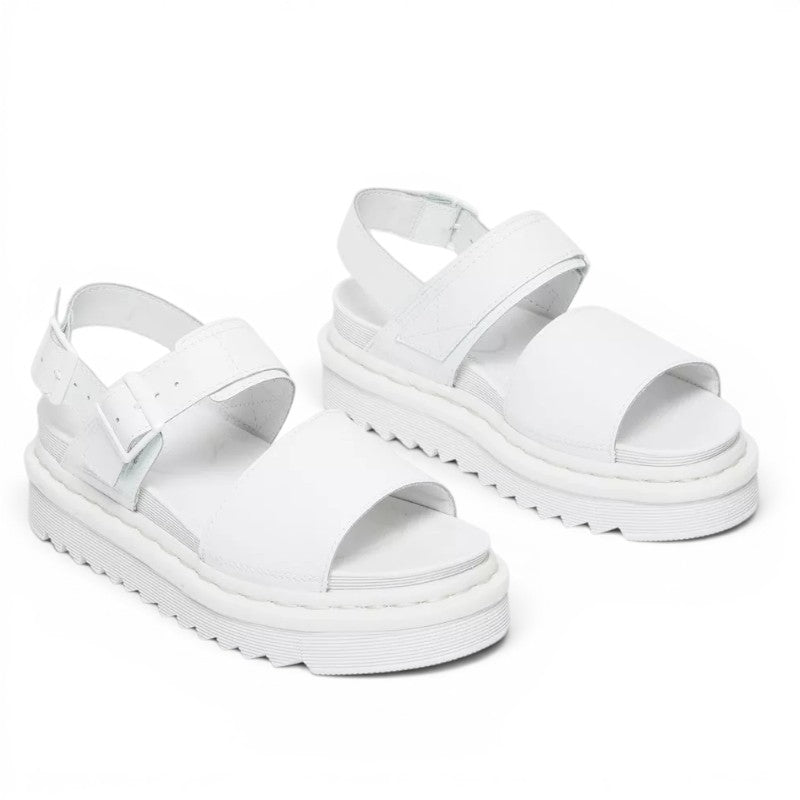 My Store white leather Dr. Martens Voss Mono Hydro sandals with adjustable straps and thick platform sole.