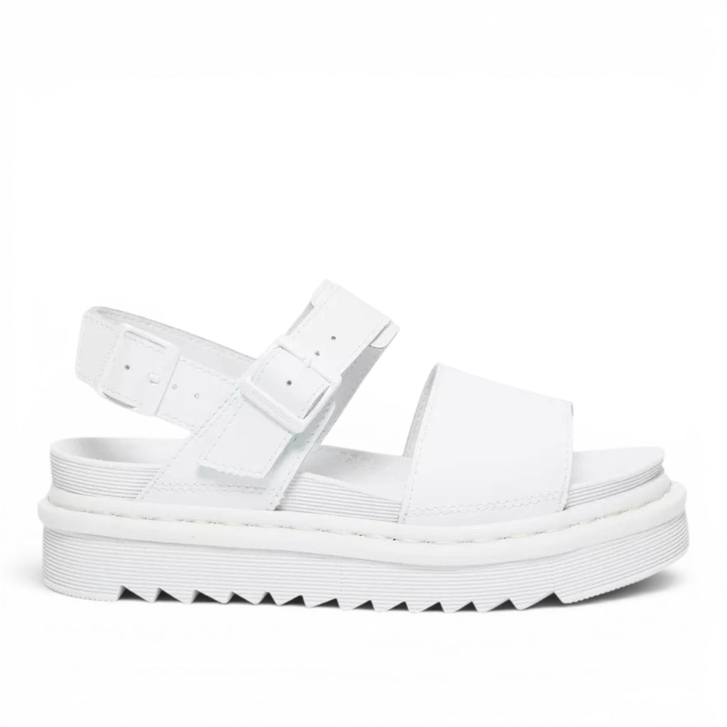 My Store white leather Dr. Martens Voss Mono Hydro sandals with adjustable ankle strap and buckle closure.
