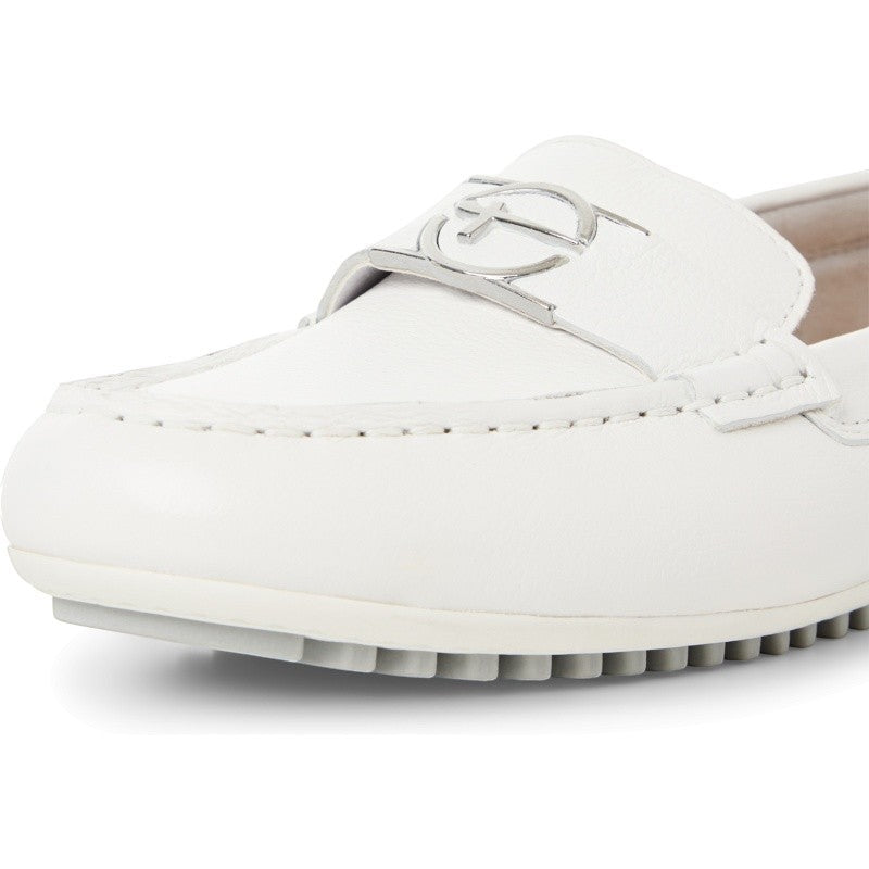 My Store white leather moccasins with a silver buckle detail and low heel. Comfortable and stylish.