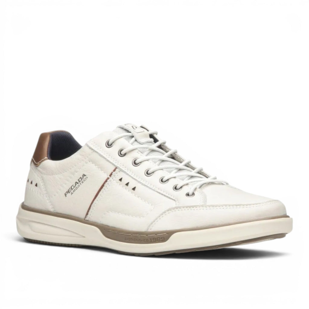 My Store white leather sneakers with brown accents and elastic laces. Features AMORTECH BLUE MEMORY FOAM.