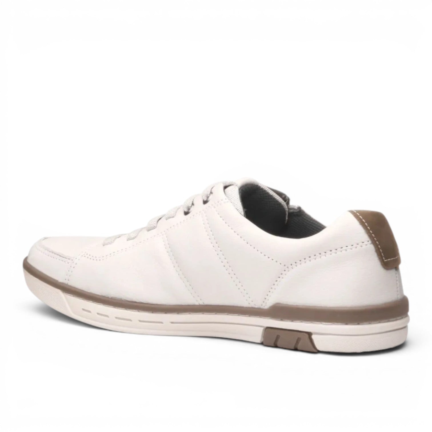 My Store white leather casual sneakers with brown heel accent and elastic laces.