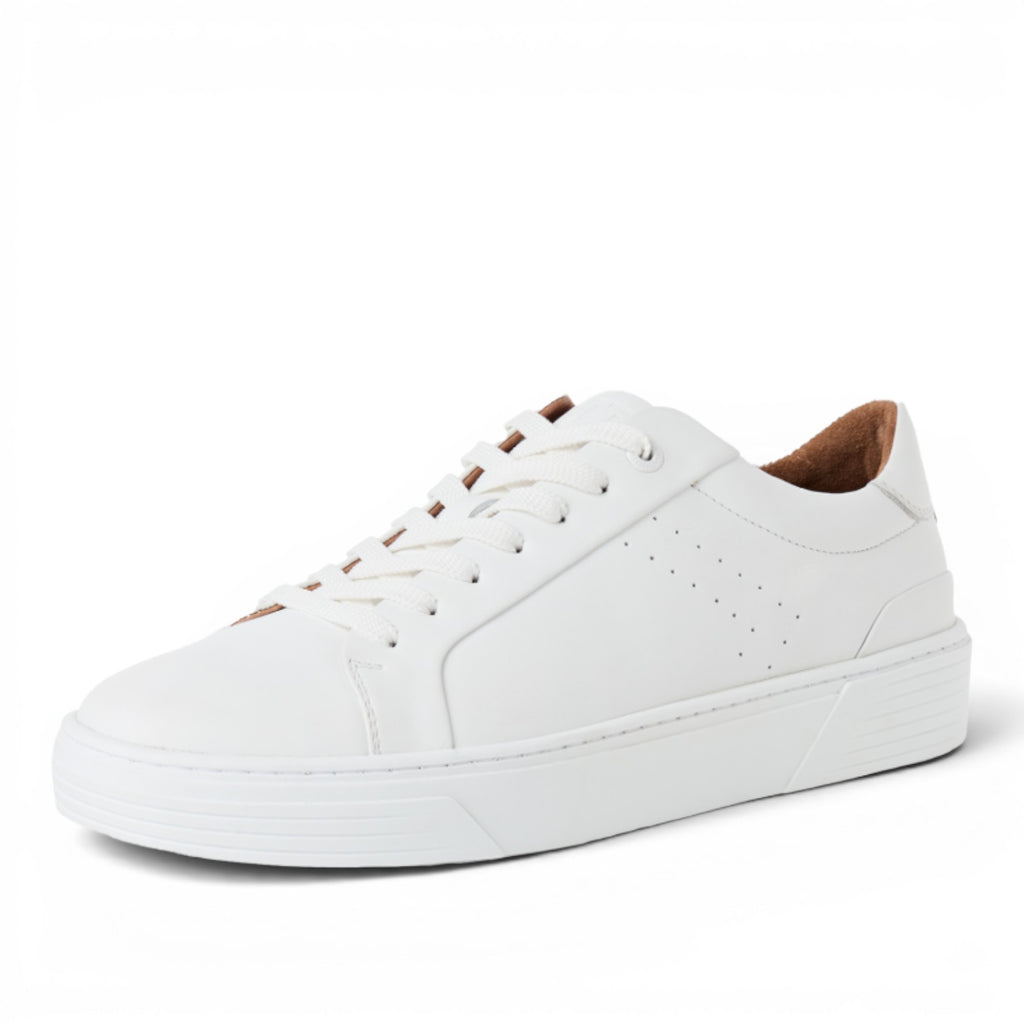 My Store white leather low-top sneakers with perforated details and lace-up closure.