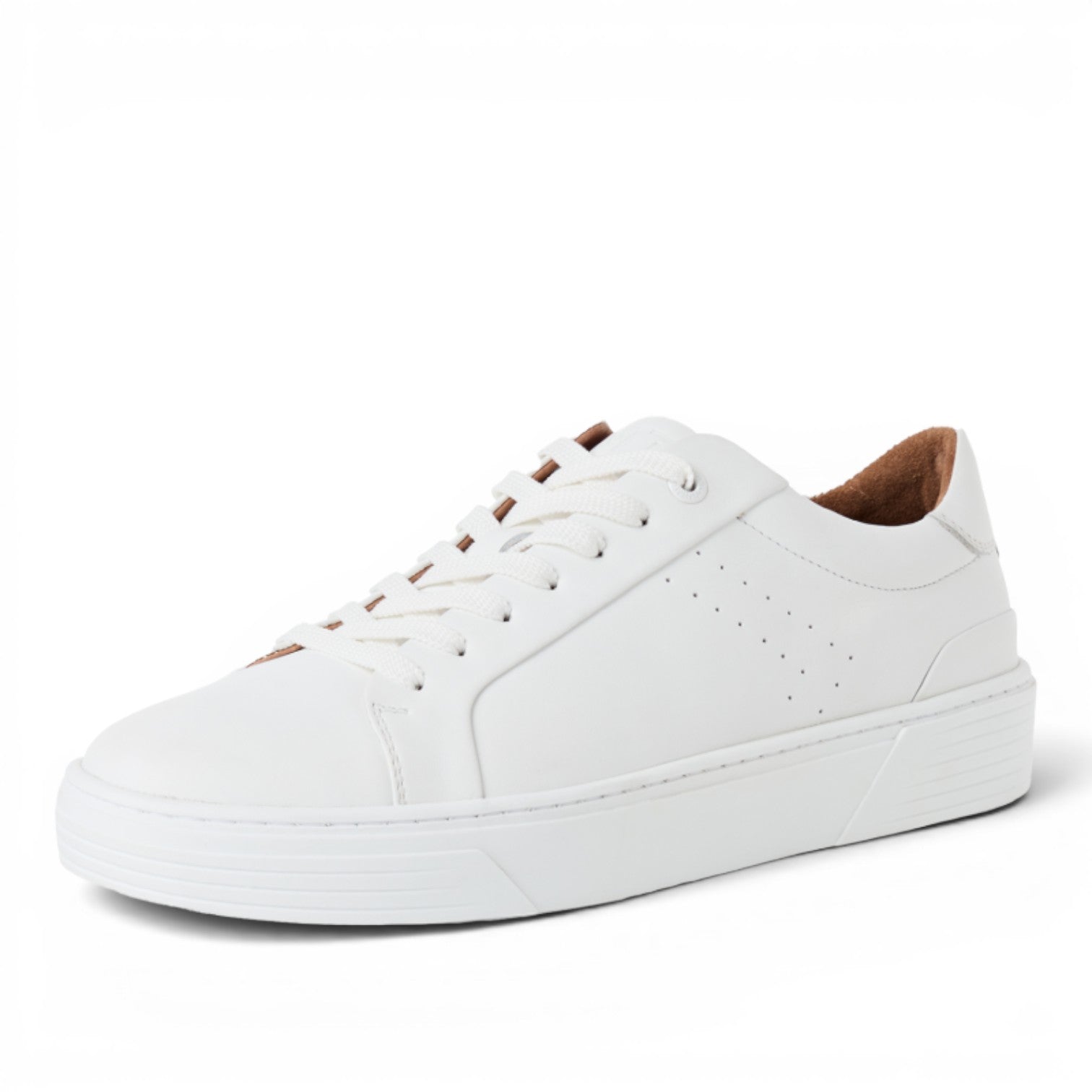 My Store white leather low-top sneakers with perforated details and lace-up closure.