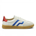 My Store white leather sneakers with blue stripe accents and a red heel tab. Gum sole.