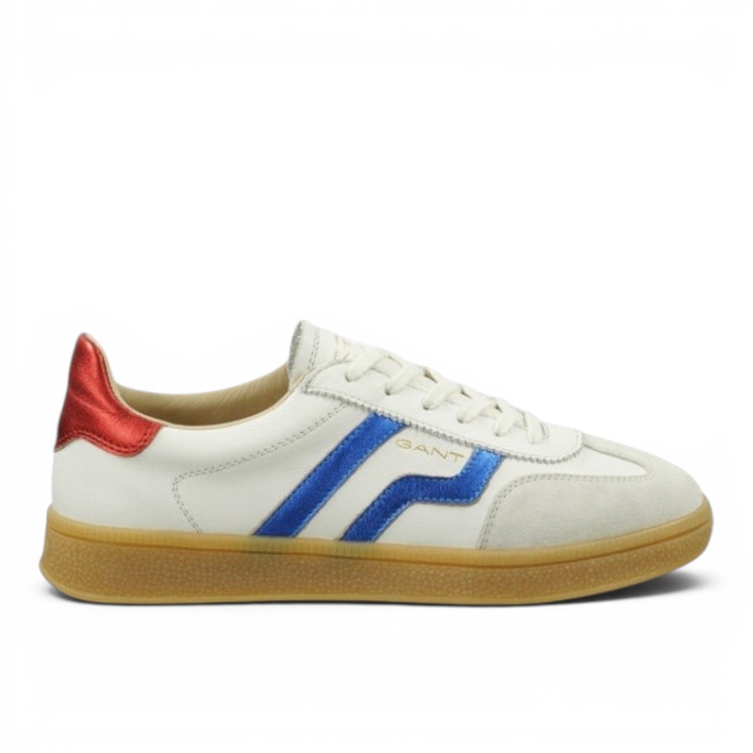 My Store white leather sneakers with blue stripe accents and a red heel tab. Gum sole.