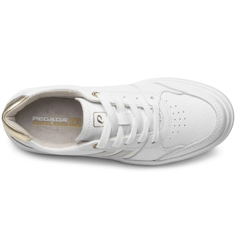 My Store white leather sneakers with gold accents and lace-up closure. Comfortable for everyday wear.