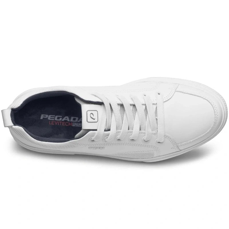 My Store white leather sneakers with elastic laces and LEVITECH sole for lightweight comfort.