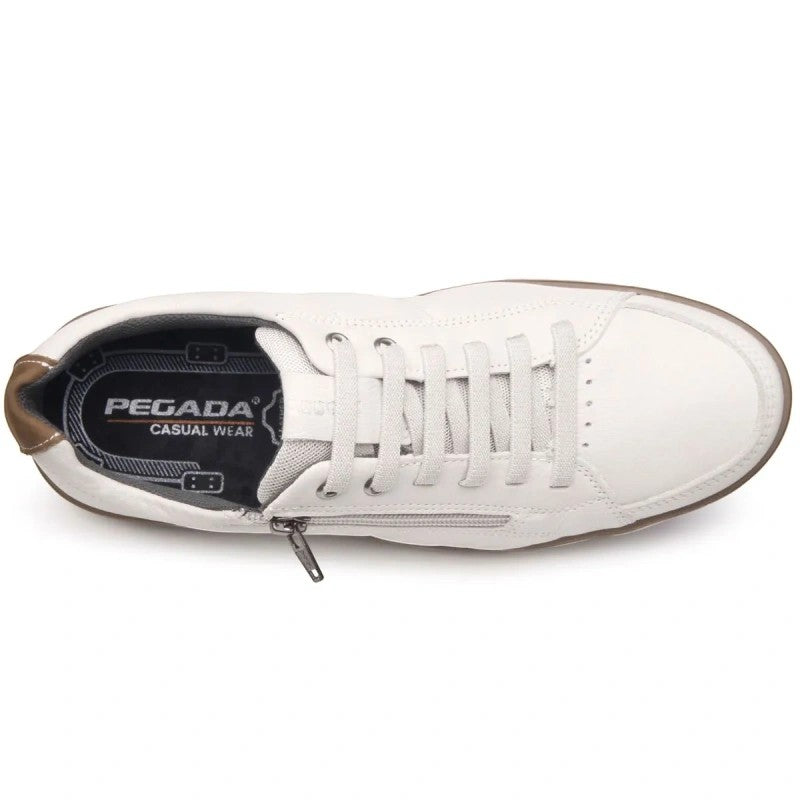 My Store white leather casual sneakers with side zipper and elastic laces.