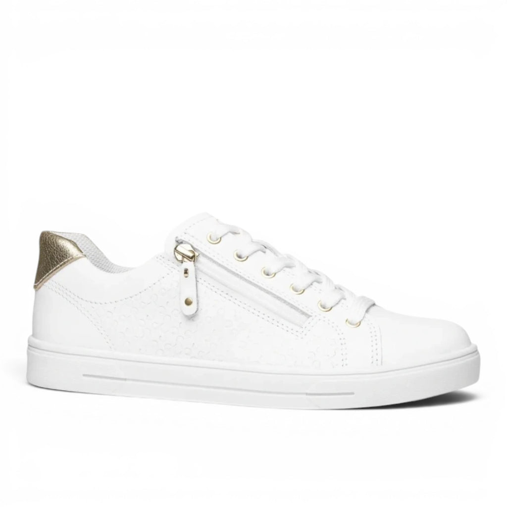 My Store white leather Munique sneakers with gold heel detail and side zipper. Comfortable and stylish.