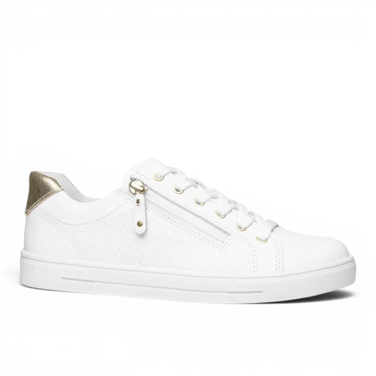 My Store white leather Munique sneakers with gold heel detail and side zipper. Comfortable and stylish.