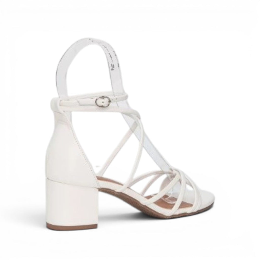 My Store white faux leather strappy block heel sandals with ankle strap and 5cm heel.