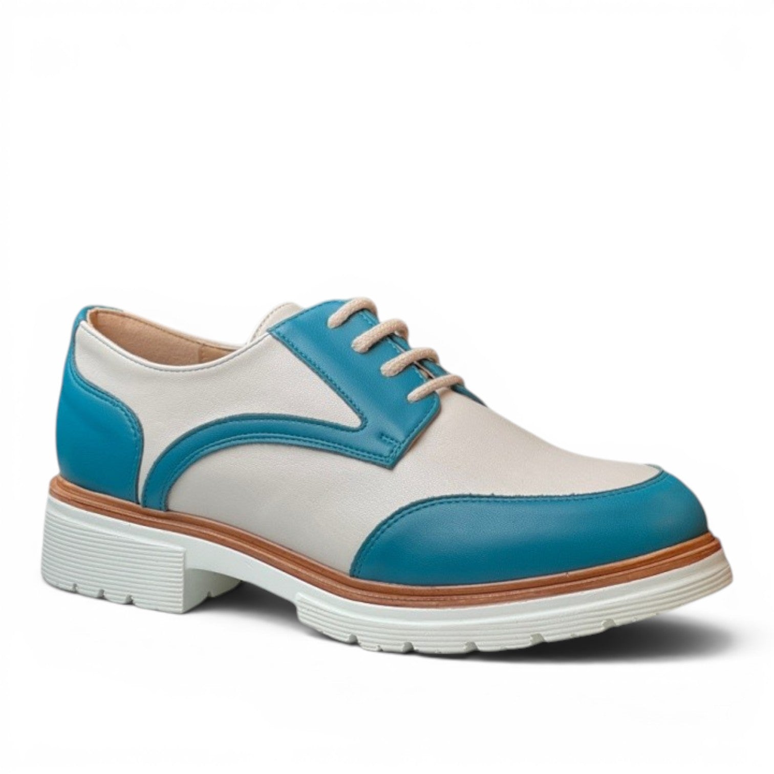 My Store white and teal leather lace-up oxford shoes with a thick white sole.
