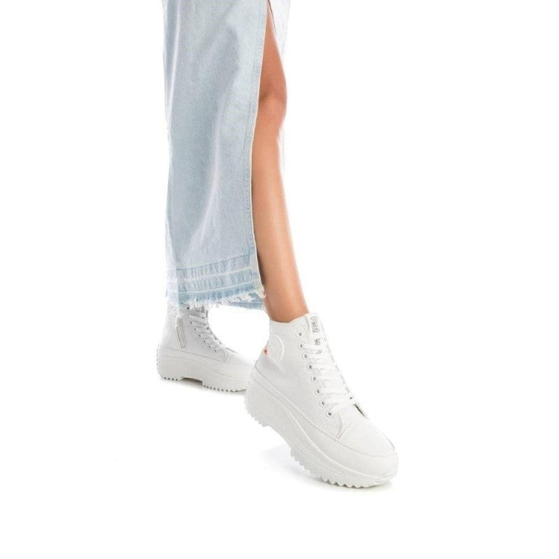 My Store white textile high-top sneakers with side zip and lace-up closure, featuring a chunky platform sole.