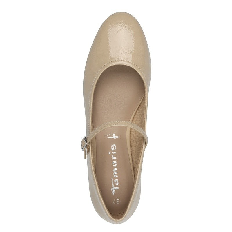 My Store beige patent synthetic ballet flats with strap and buckle, ideal for office or events.