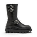 My Store black synthetic biker boots with buckle and lug sole details. These moto boots feature a side zipper and embossed logo.