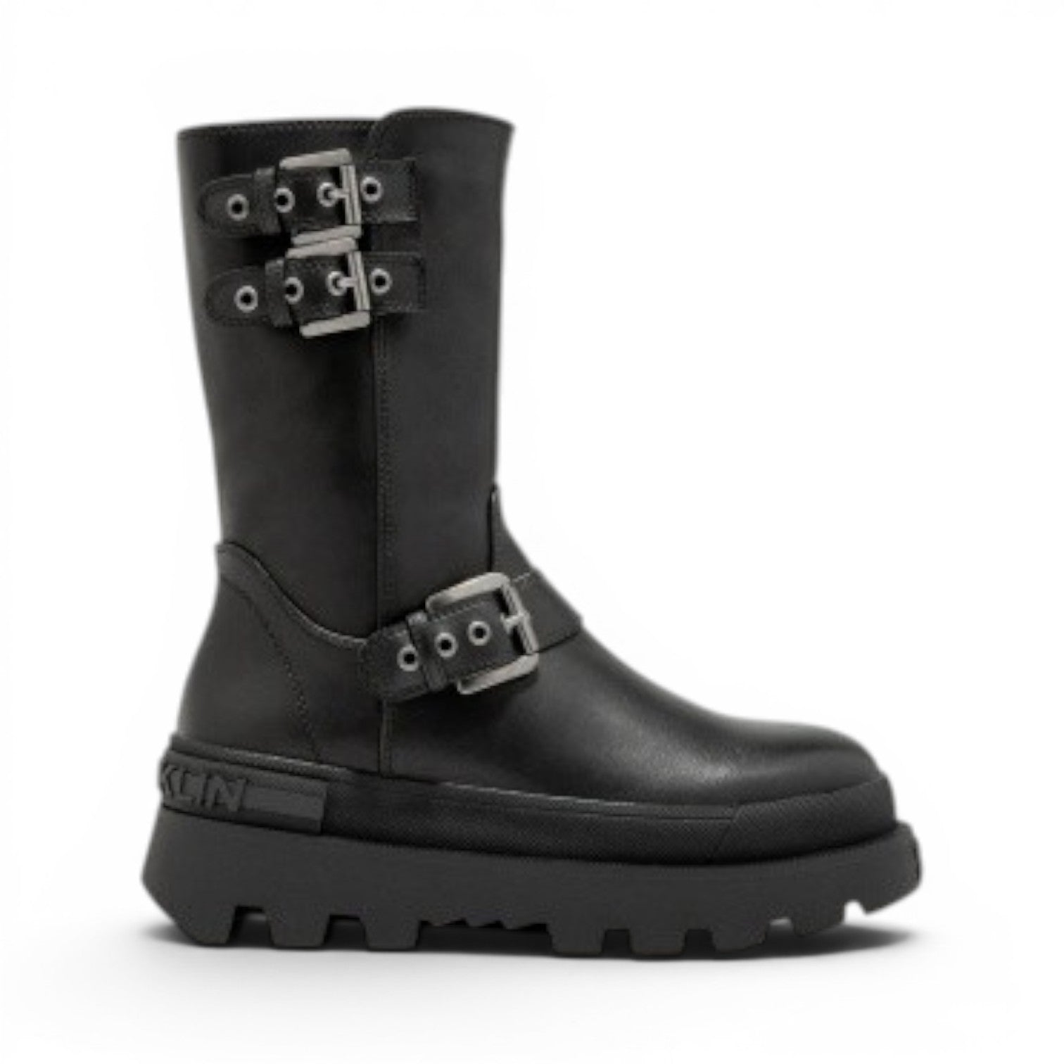 My Store black synthetic biker boots with buckle and lug sole details. These moto boots feature a side zipper and embossed logo.