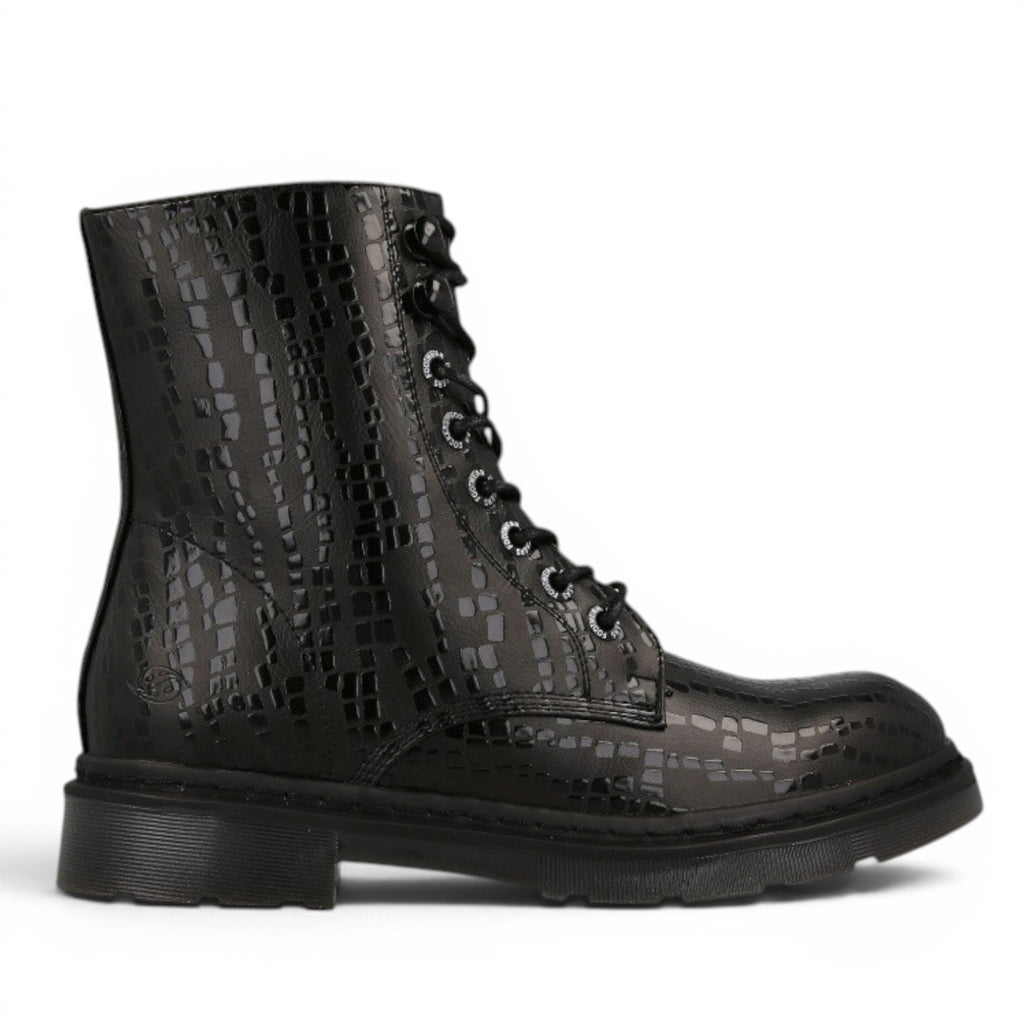 My Store black faux leather combat boots with a textured crocodile pattern and lace-up front.