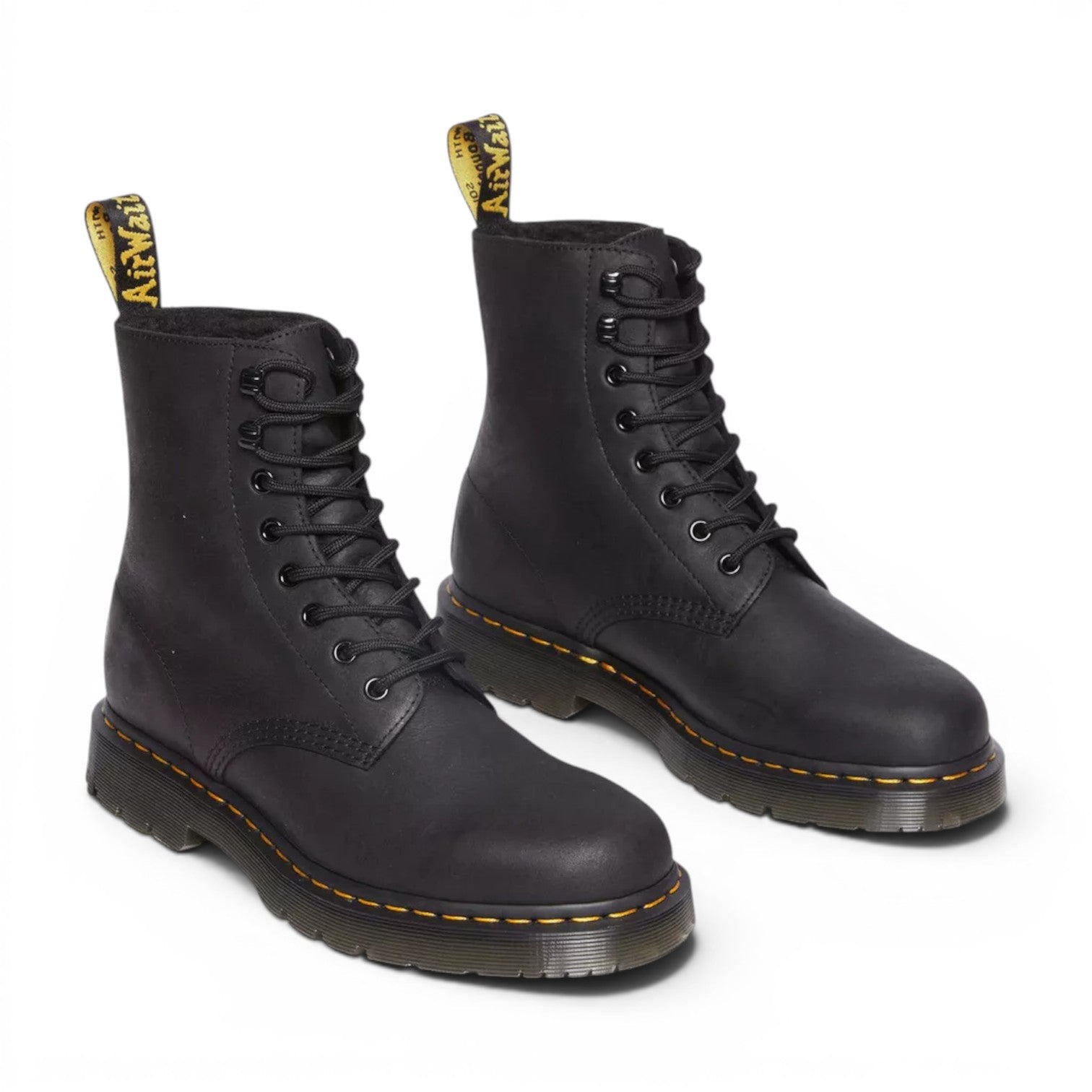 My Store black leather Dr. Martens 1460 WG Outlaw boots with WarmWair Sherpa lining and Wintergrip sole.