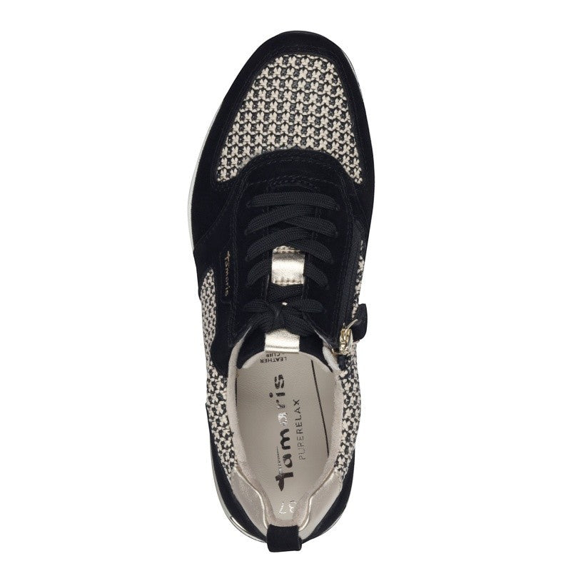 My Store black and gold textile and leather sneakers with a patterned design and side zipper.
