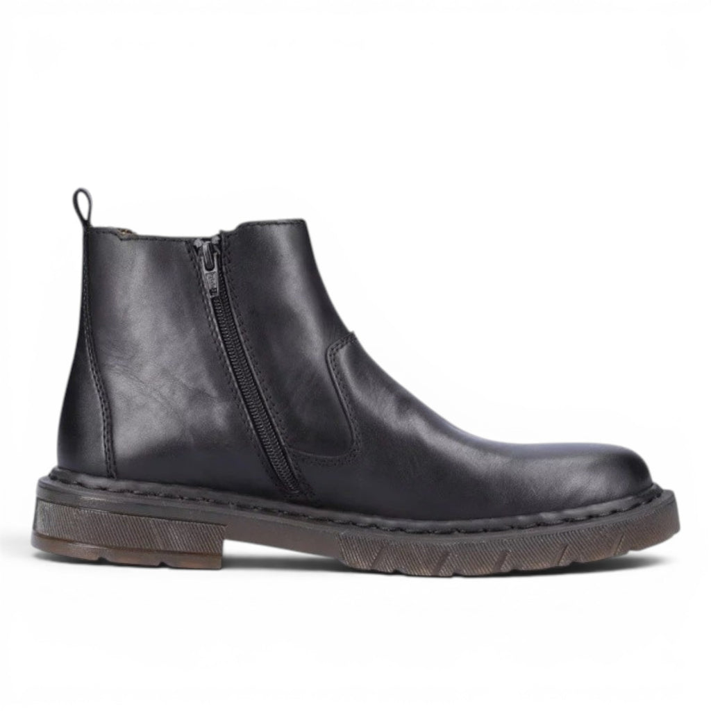 My Store Rieker 31662-00 black leather ankle boots with side zip and textile lining.