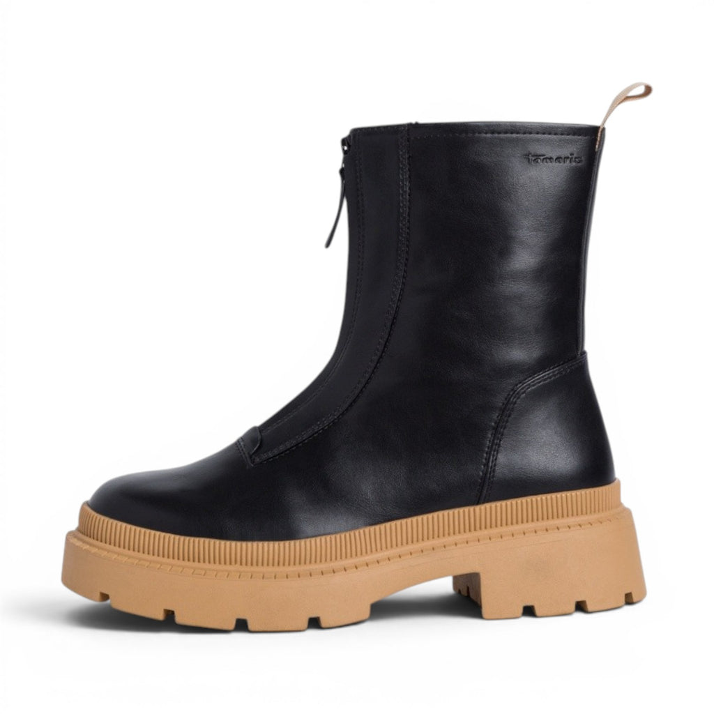 My Store black leather ankle boots with a tan lug sole and front zipper closure.