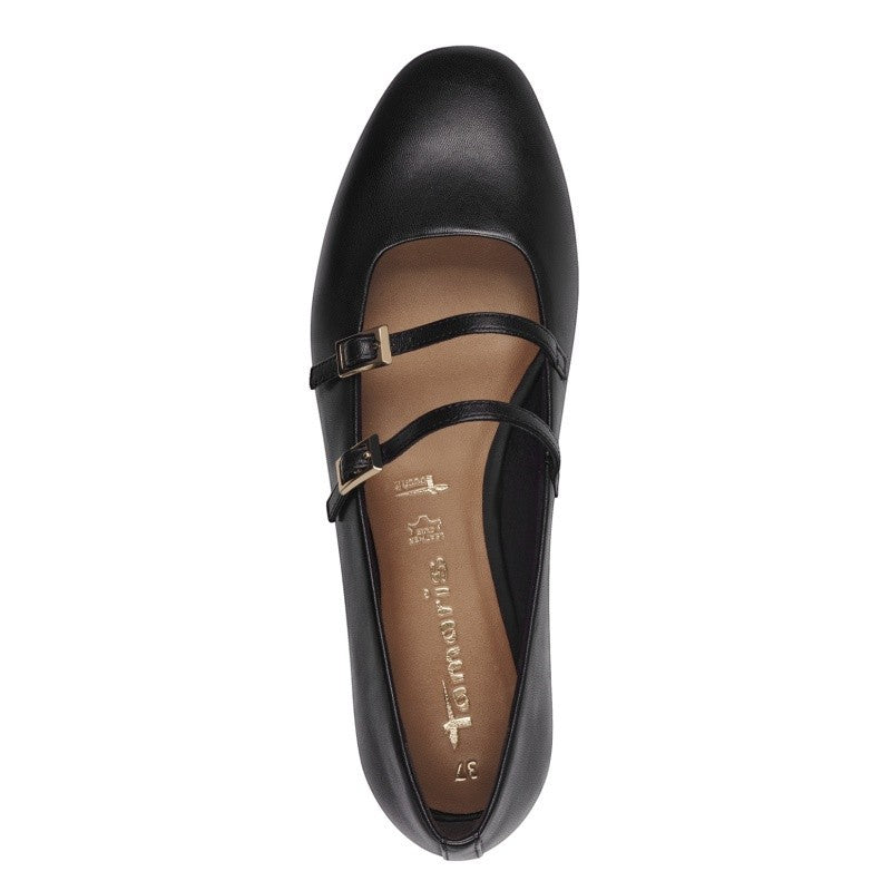 My Store black leather ballet flats with double straps and gold buckles, square toe, flat sole.