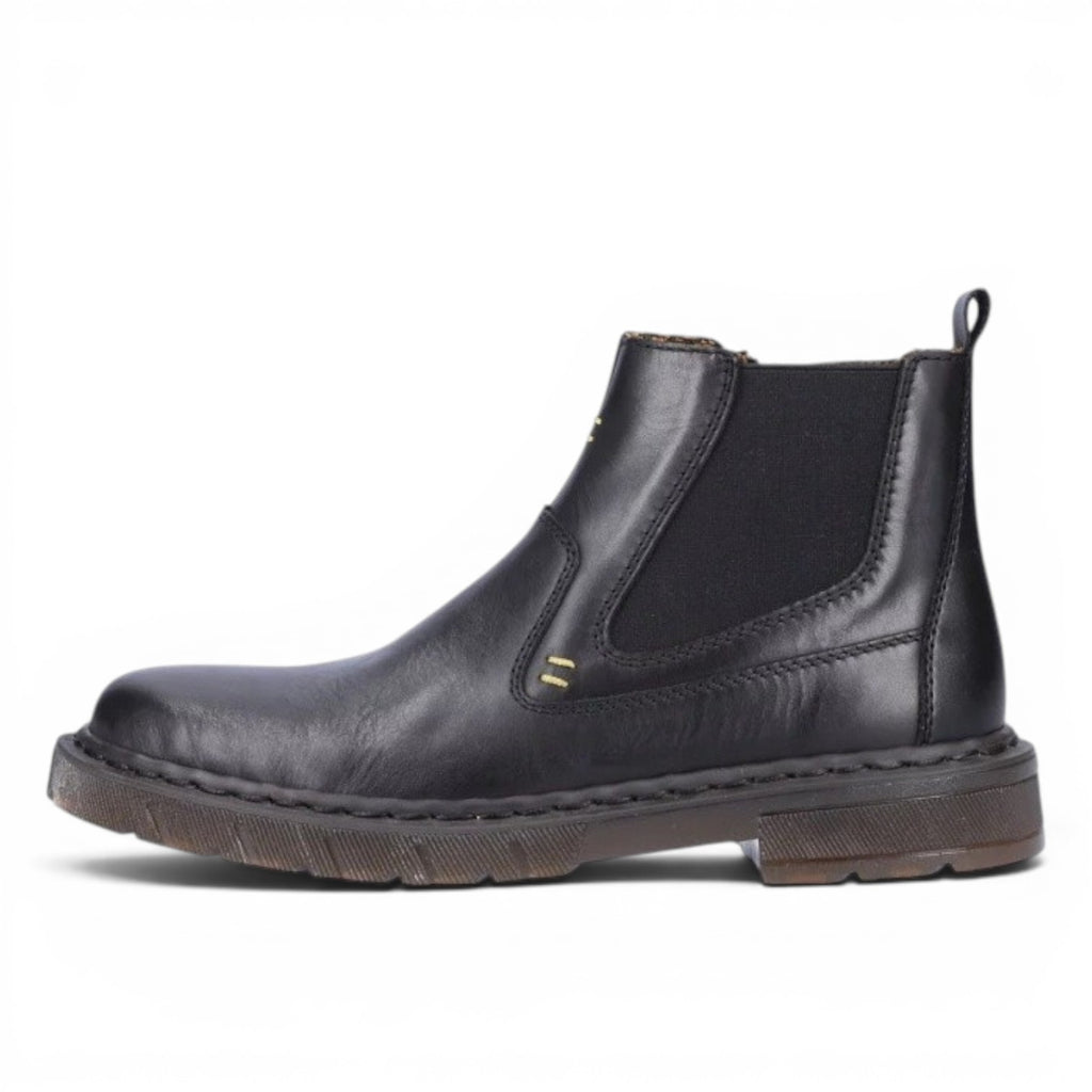 My Store black leather Chelsea boots with textile lining and side zip. Features elasticated side panels and decorative stitching.