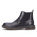 My Store black leather Chelsea boots with textile lining and side zip. Features elasticated side panels and decorative stitching.