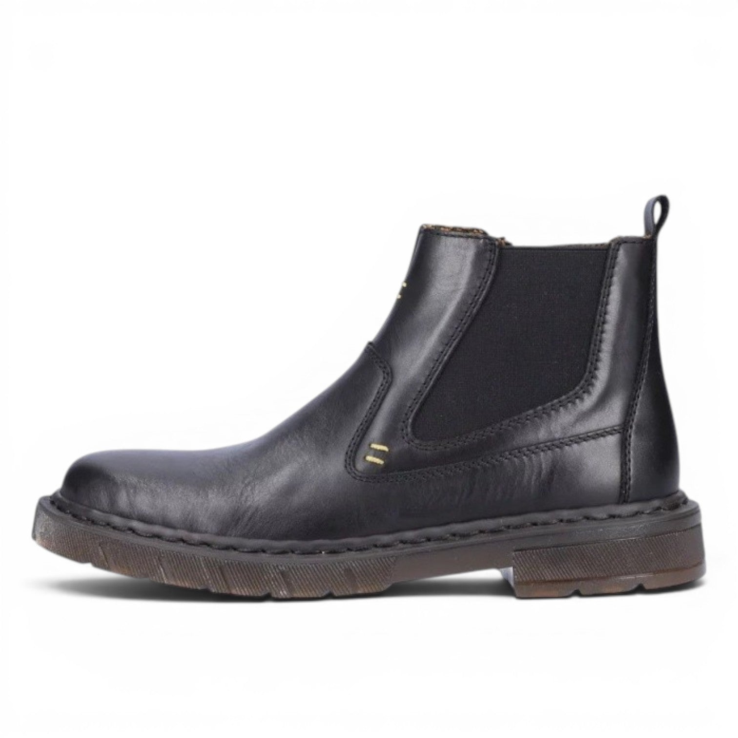 My Store black leather Chelsea boots with textile lining and side zip. Features elasticated side panels and decorative stitching.