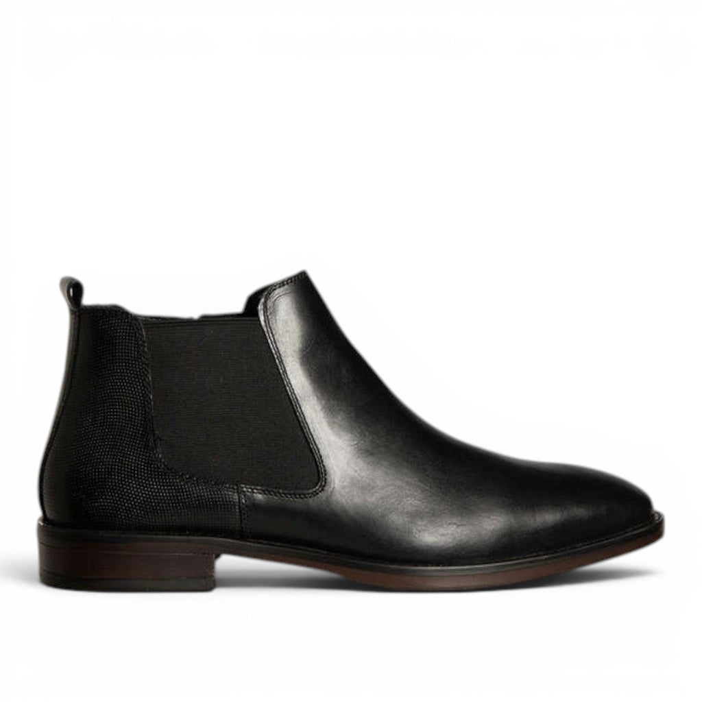 My Store black leather Chelsea boots with textile lining and side zip. Classic ankle boot style.