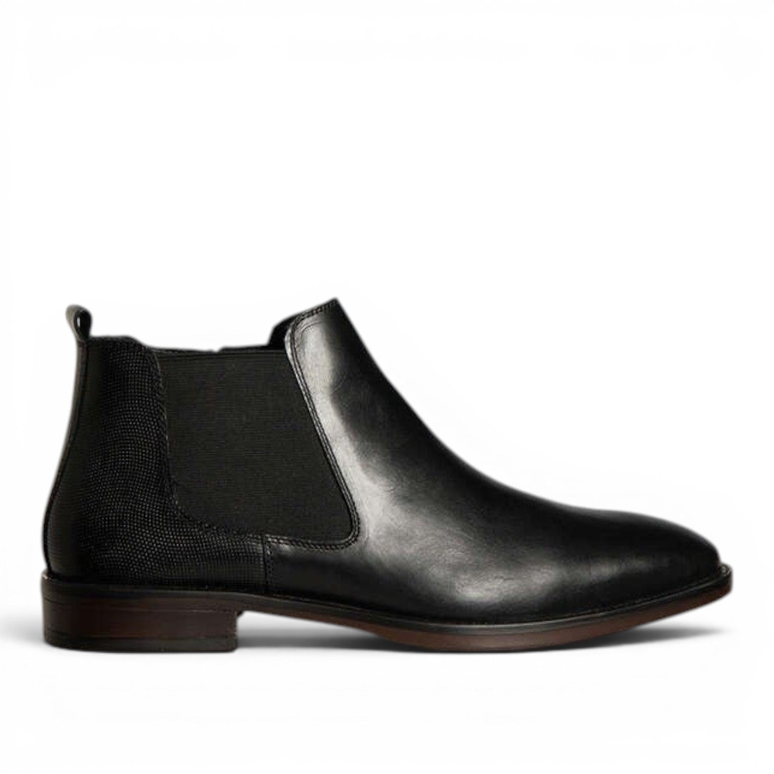 My Store black leather Chelsea boots with textile lining and side zip. Classic ankle boot style.